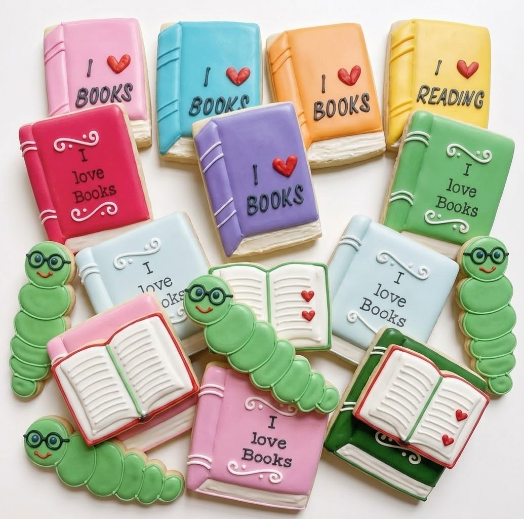 A 12-piece set of hand-decorated custom sugar cookies shaped like colorful books and open novels, arranged for National Read a Book Day