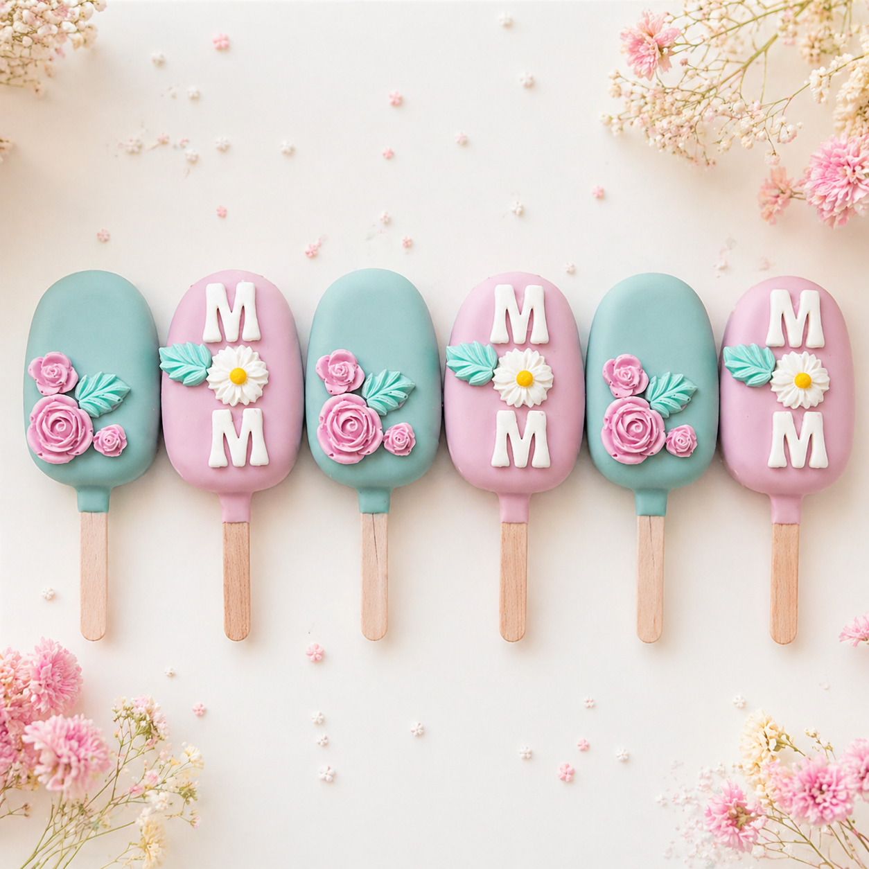 Floral cakesicles set of 6 with I Love Mom design, pastel chocolate covered cake pops for Mother’s Day gift box
2. I Love Mom cakesicle gift box with pink and teal floral cake popsicles, custom chocolate covered treats
3. Mother’s Day cakesicles set with floral decorations and letter design, pastel dessert gift box
4. Custom cakesicles with flowers and I Love Mom message, chocolate covered cake pops set of 6
5. Elegant floral cake popsicles for Mother’s Day, pastel cakesicles gift box for mom