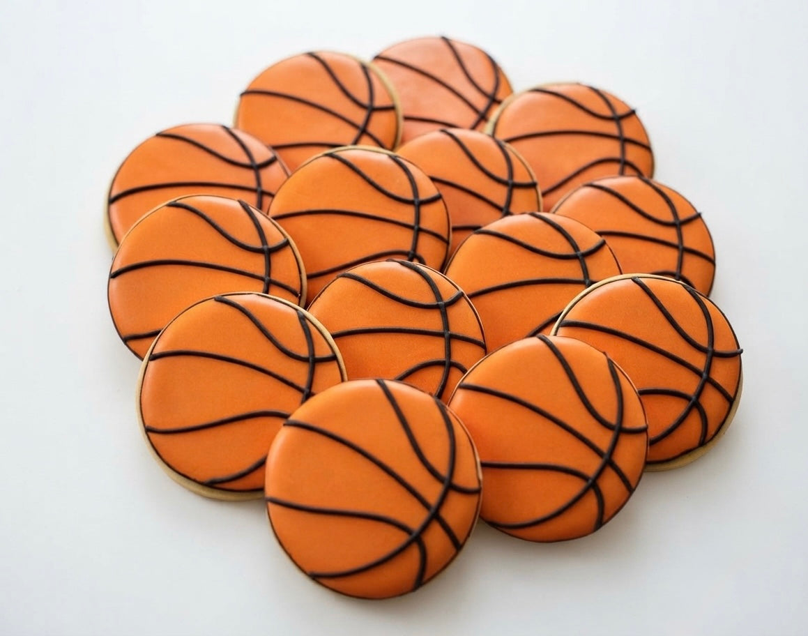 12 handmade basketball fan cookies decorated with basketball designs for birthdays, game-day parties, and sports celebrations in Fresno, CA.
Basketball themed cookies 12 count for sports parties and basketball fans in Fresno, California.
Hand decorated basketball cookies for birthdays, team celebrations, and game-day events in Fresno CA.
Custom basketball fan sugar cookies perfect for sports parties, gifts, and dessert tables in Fresno.