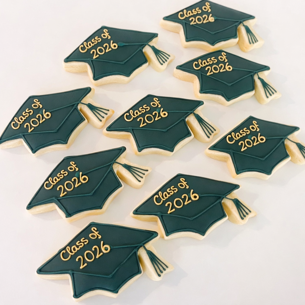 Graduation cap cookies decorated in black and gold icing for graduation party dessert
Custom graduation hat sugar cookies with diploma theme for 2026 graduation celebration
Handmade graduation cap cookies for high school and college graduation party favors
Decorated grad cap cookies with tassel detail for dessert table display
Personalized graduation cookies shaped like caps for party favors and gifts
Graduation hat cookies with elegant icing design for dessert catering
Class of 2026 graduation cap cookies