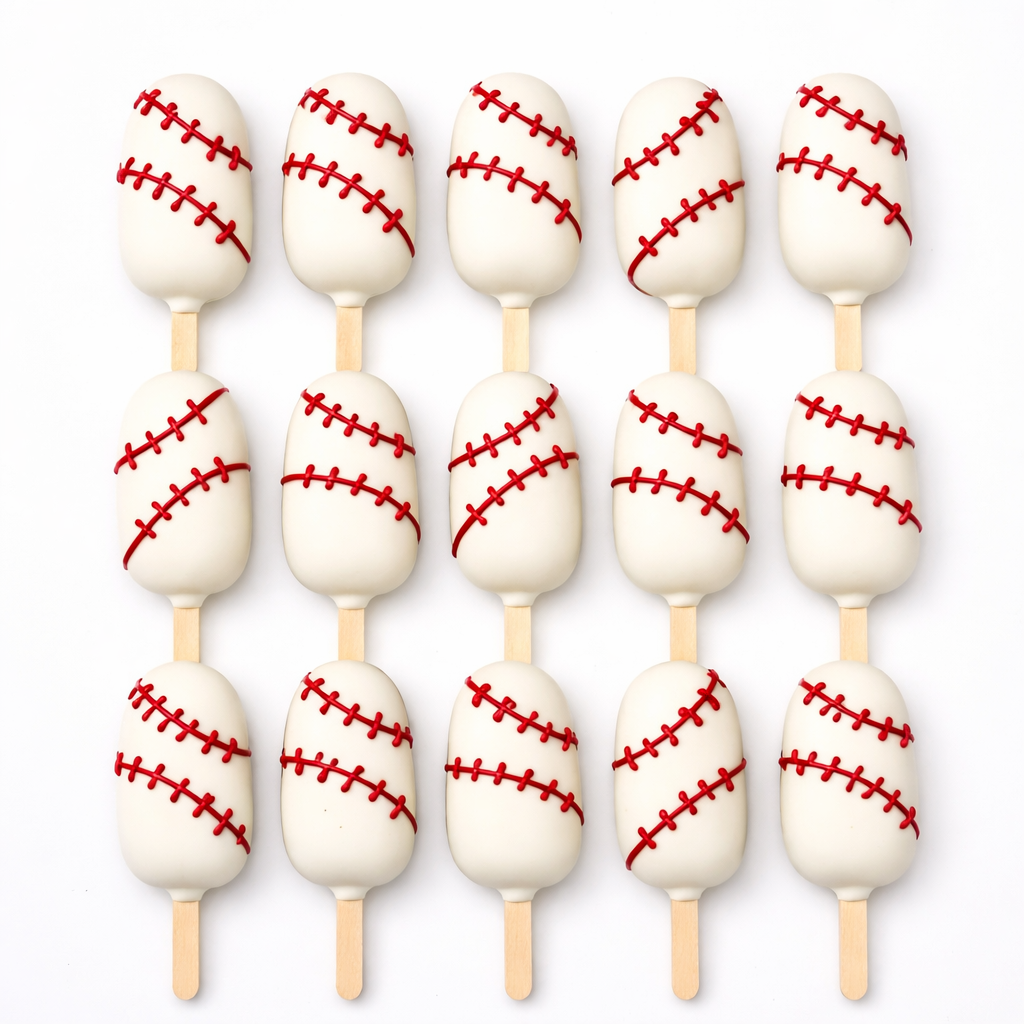 Custom baseball cake popsicles for sports party dessert table Fresno bakery.”

“Baseball themed cake popsicles with red stitching detail for birthday party.”

“Chocolate covered cake popsicles designed like baseballs for event desserts.”

“Custom sports desserts baseball cake popsicles Fresno California bakery.”