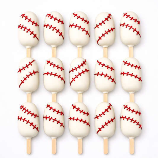 Custom baseball cake popsicles for sports party dessert table Fresno bakery.”

“Baseball themed cake popsicles with red stitching detail for birthday party.”

“Chocolate covered cake popsicles designed like baseballs for event desserts.”

“Custom sports desserts baseball cake popsicles Fresno California bakery.”