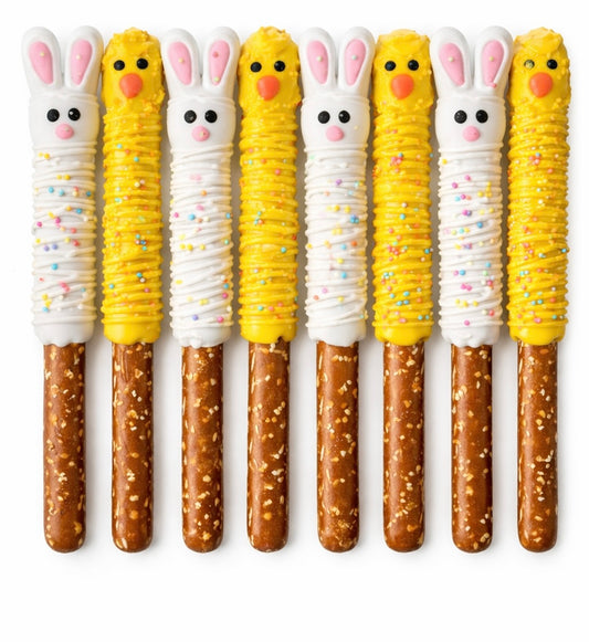easter gift, easter desserts, 12 Easter Bunny & Chick Chocolate Covered Pretzels. easter party favors.