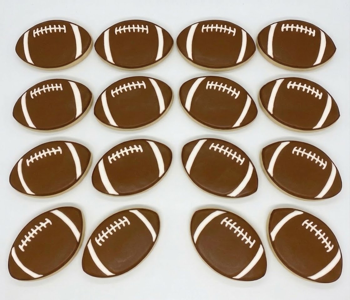 Football sugar cookies, hand-decorated with royal icing, 12-count set for football parties and game day celebrations.