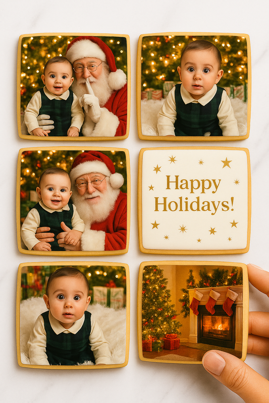 Upload your own family photo or custom artwork

Hand-decorated sugar cookies with edible image printing

Perfect for Christmas parties, gifts, and events

Packaged beautifully and ready to share

Made fresh to order

✨ Turn your holiday memories into edible art with these personalized photo Christmas cookies — a sweet way to say Happy Holidays!