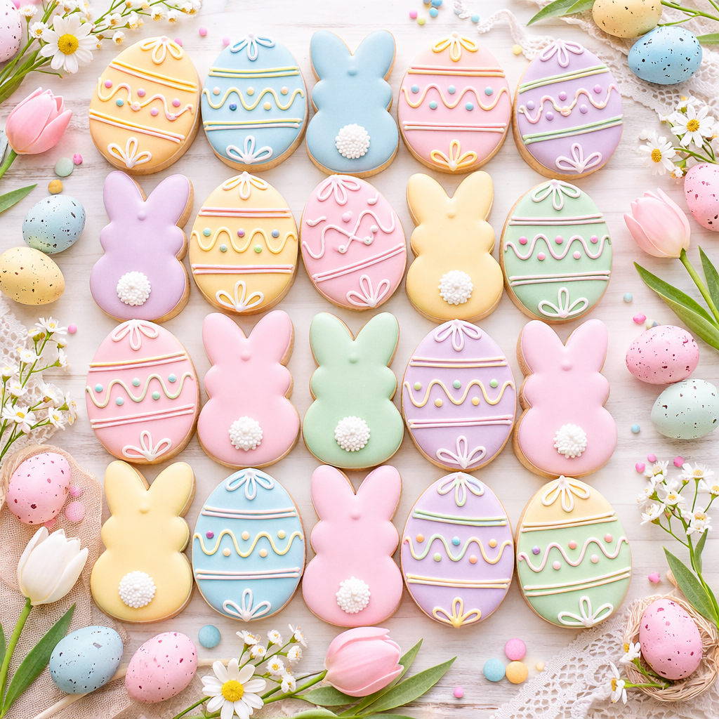 Bunny & Egg shaped sugar cookies
• Decorated in pastel pink, blue, yellow, lavender & mint
• Hand-piped royal icing details
• Made fresh to order
• Perfect for gifting or dessert tables

Perfect For:

• Easter baskets
• Easter brunch & dessert tables
• Spring parties
• Teacher gifts
• Holiday easter gift boxes 