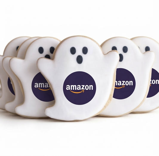 Custom logo ghost cookie gift box with 12 handmade Halloween cookies decorated for corporate events and parties.