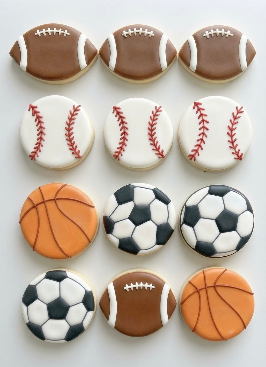 12 handmade sports-themed sugar cookies with custom designs, perfect for team parties, birthdays, tournaments, and sports celebrations.