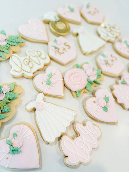 12 individually wrapped wedding love sugar cookies, perfect for bridal showers, bridesmaid proposals, weddings, and gifts for the bride-to-be.