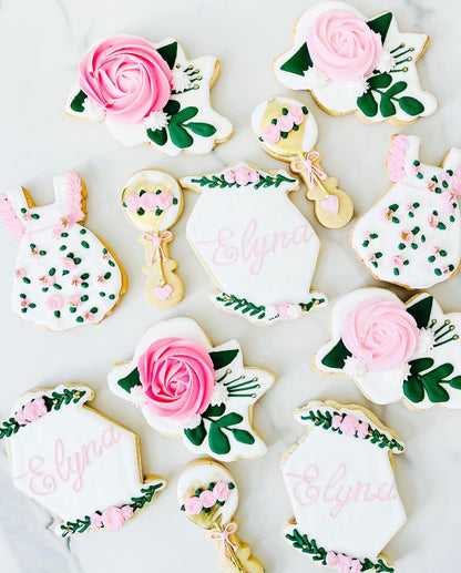Greenery and Florals Baby Girl Shower Cookies.