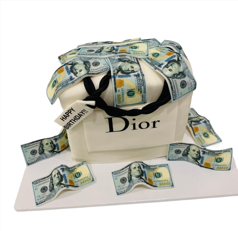 This Dior Branded Birthday Cake comes with any flavor of your choice. Wrapped in fondant, all the money is edible print and can come in any unique design you can think of! #diorcake, 