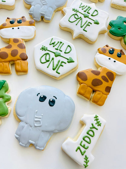 Jungle themed, wild one birthday cookies
